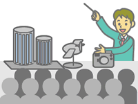 デモ機器・模型で説明している人のイラスト